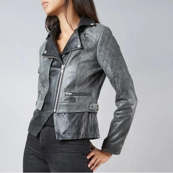 Muubaa Crackle Black Lamb Leather Biker Motorcycle Jacket Quilted Zip Up 6 - Picture 4 of 16